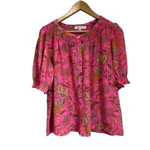 Rose + Olive Pink Floral Blouse Peasant Style Short Sleeve Size XL